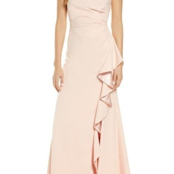 VINCE CAMUTO Ruffle Slit Trumpet Gown Blush Size 6 - Picture 2 of 7